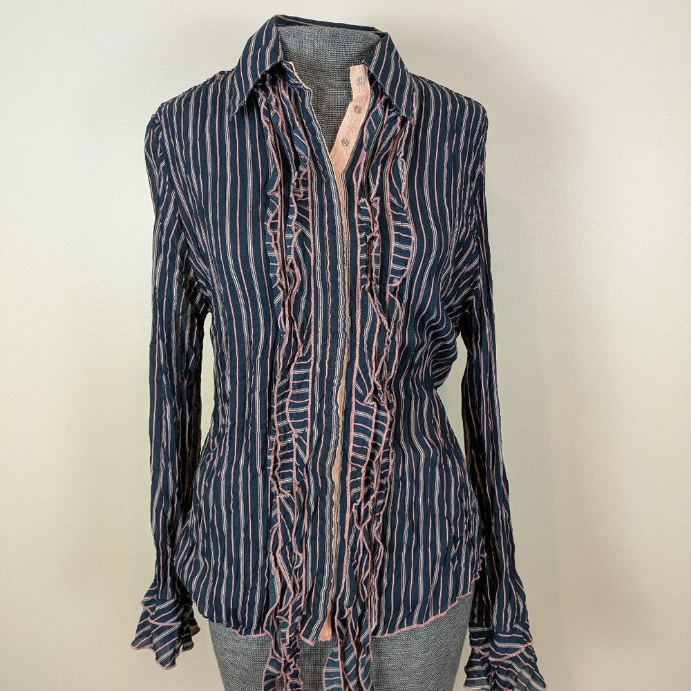 Designer Jaipur Striped Crepe Crinkle Ruffled Snap-up Top Tunic Shirt Size M EUC